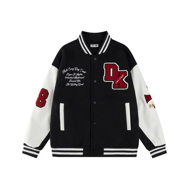 奇迹街区 美式潮牌植绒字母毛巾绣复古百搭舒适慵懒日常休闲宽松棒球服外套飞行员重磅高街嘻哈撞色小众设计感夹克 男女同款
