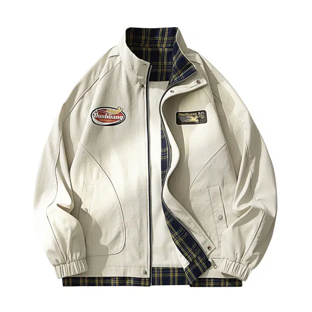 敦煌博物馆 新中式名族风印花翻领格子撞色拉链落肩美式复古简约百搭夹克外套 男女同款