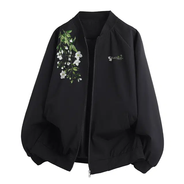 红蜻蜓 美式高街植物花卉仿刺绣徽章涂鸦数字字母印花宽松百搭舒适防风保暖休闲棒球服外套夹克 男女同款