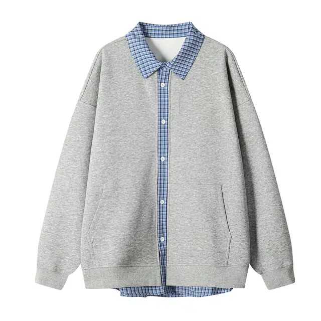 哲源 美式复古高街学院风打底衫秋季假两件格子撞色拼接翻领设计感上衣潮牌百搭宽松舒适潮流痞帅情侣款重磅休闲卫衣 男女同款