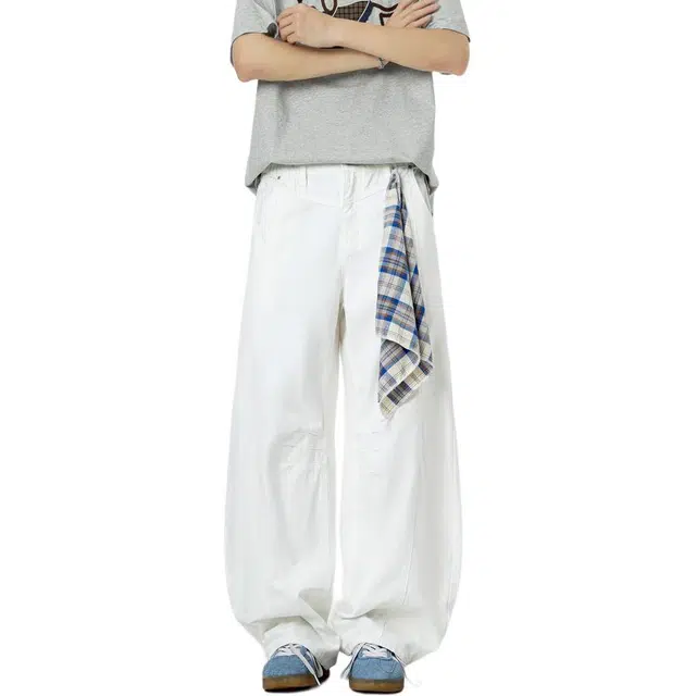 帝狼牛 美式复古拉链可拆卸格纹方巾弯刀高街潮牌宽松廓形高级感休闲百搭潮流小众设计感慵懒阔腿拖地长裤垂感时尚牛仔裤 男女同款 蓝色