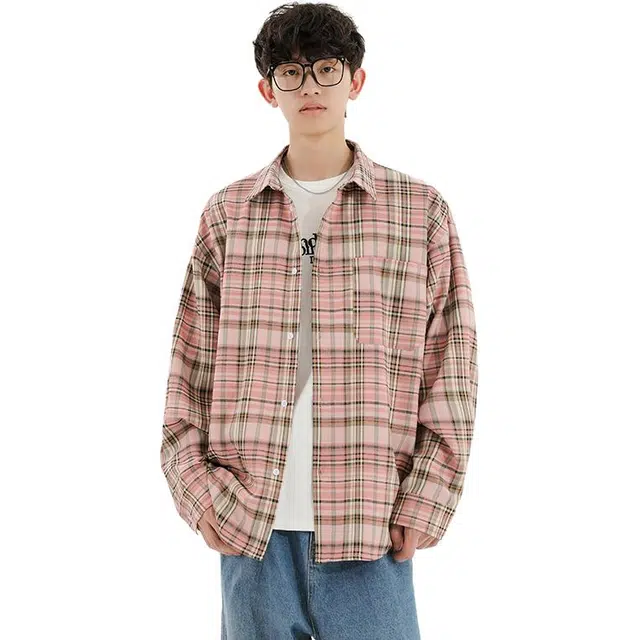 冈哉 美式复古基础款长袖撞色拼色格纹大格子翻领叠穿潮搭垂感痞帅宽松少年感舒适打底内搭外穿秋款衬衫 男女同款