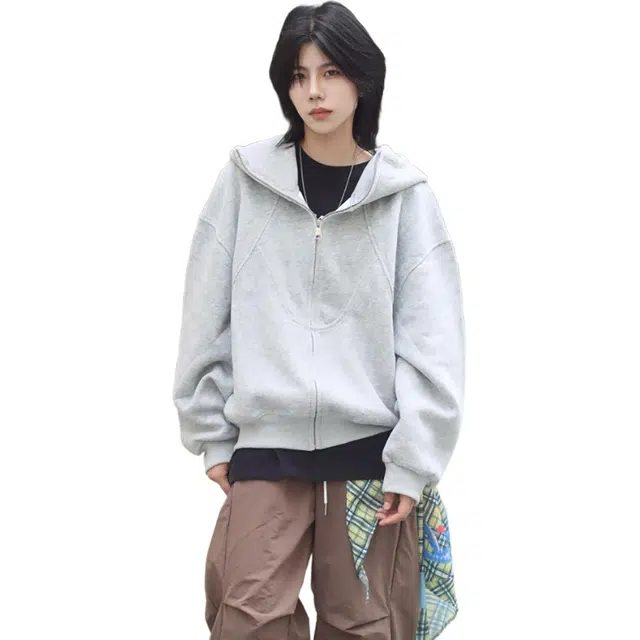 徐百货 美式解构重磅宽松外套春秋潮牌设计感休闲情侣连帽开衫卫衣 男女同款