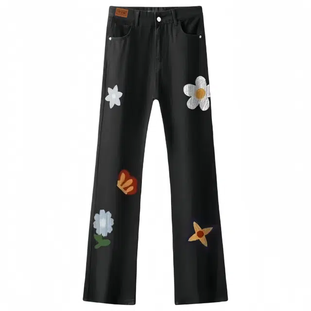 半空山 美式高街植物花卉重工刺绣直筒长裤修身百搭无性别主义休闲弹力显高显瘦痞帅炸街牛仔裤 男女同款