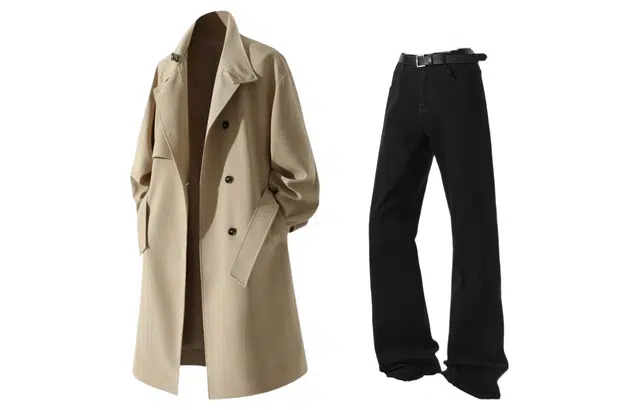 梓润格 长款风衣英伦风拼色立领两穿外套基础简约时尚百搭微喇弹力牛仔裤休闲运动套装 男女同款