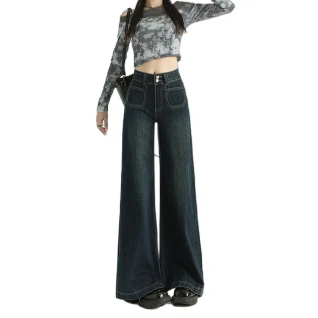 玫丝朵 美式复古辣妹风百搭舒适慵懒双扣高腰宽松显瘦阔腿拖地牛仔裤 女款