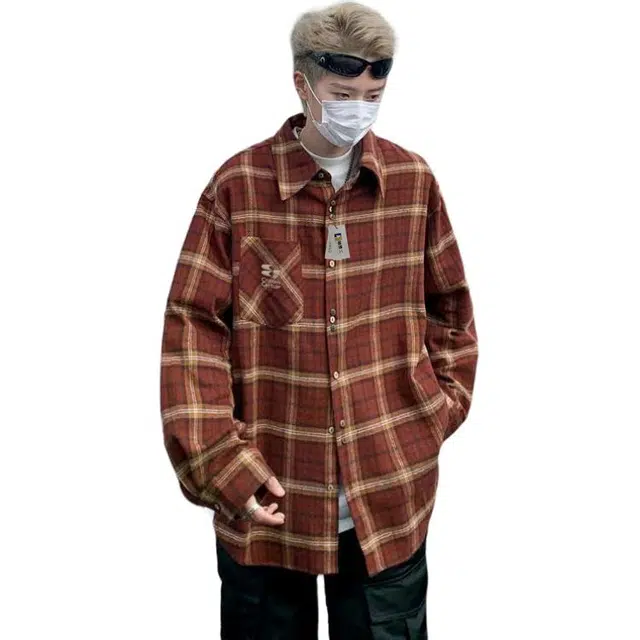 地界二 日系复古格子长袖纯棉男春秋季潮流百搭宽松休闲衬衣外套复古格子纯棉长袖潮针织衫 男款