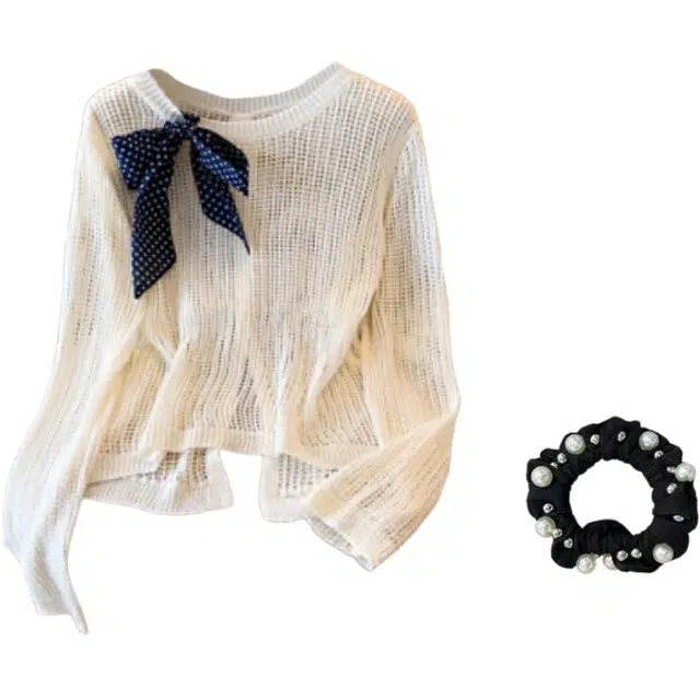 雾闪闪 丝巾系带长袖罩衫女夏季慵懒风宽松薄款上衣针织衫 女款