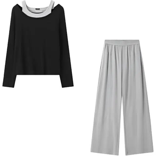 潞优野 格雷系莱赛尔棉假两件灰调秋季款休闲套装 女款