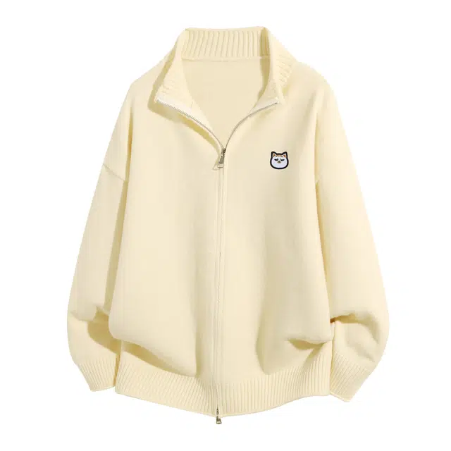 吾皇猫 基础款纯色百搭立领双拉链开衫外套宽松舒适软糯保暖休闲户外日常通勤长袖毛衣针织衫 女款