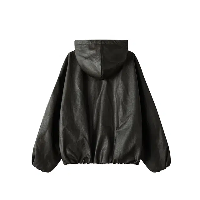 哲源 美式复古高街风连帽皮衣纯色简约设计感飞行员外套潮牌百搭宽松舒适防风防水潮流痞帅休闲夹克 男女同款