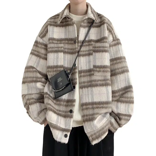 佐菲利 重磅毛呢格子外套美式撞色翻领工装夹克潮牌小香风情侣上衣大衣 男女同款