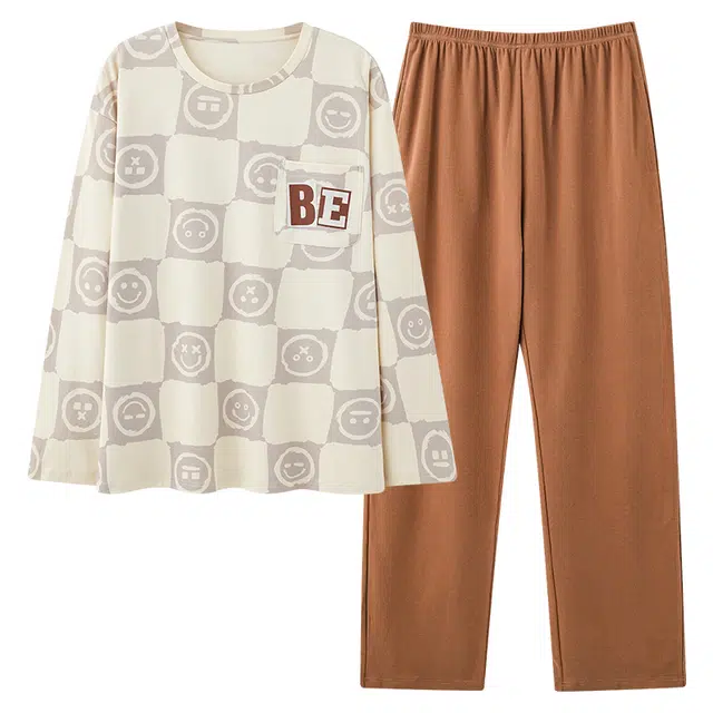 俏霓桐 春秋款可爱笑脸纯棉柔软亲肤简约休闲舒适百搭长袖长裤家居服可外穿睡衣套装 男款