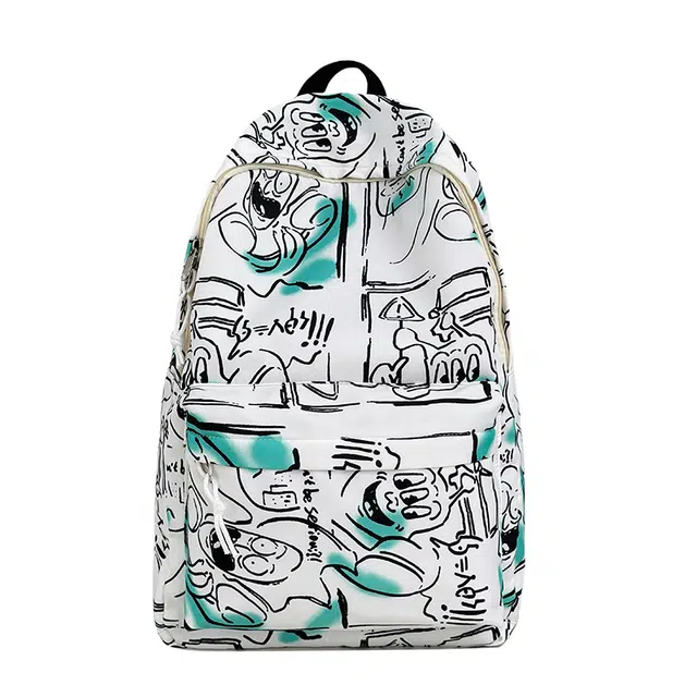 蔻蒂熊 书包女大学生高中生涂鸦轻便大容量休闲运动电脑旅行背包男 尼龙布 双肩包 常规 青少年 白色/浅灰色