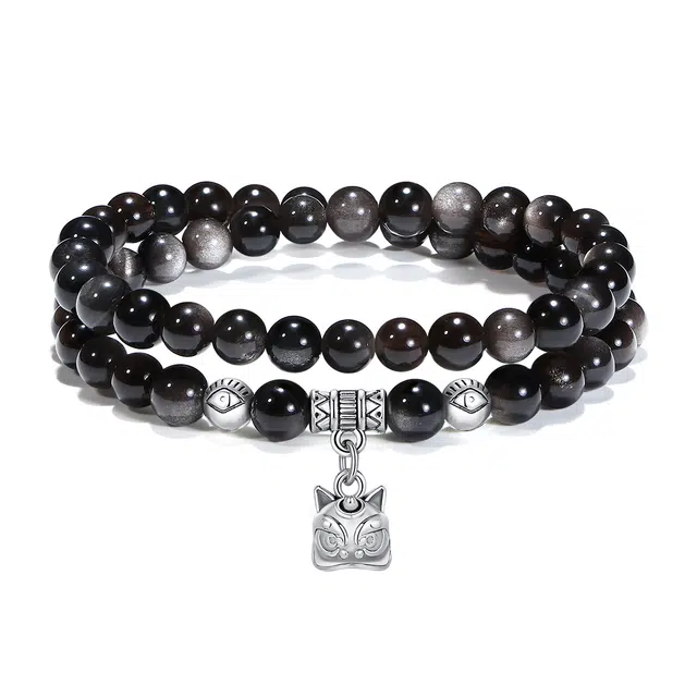 普陀山文创 升职加薪国潮福禄双圈银曜石时来运转八方来财祥瑞醒狮转运纳福财运旺#好运 黑曜石 手串 男女同款情侣款