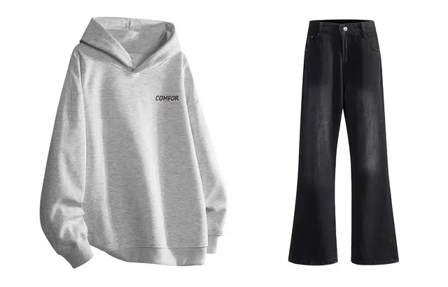 八哥 美式复古高街纯色舒适宽松百搭通勤连帽套头水洗做旧阔腿裤休闲运动套装 男女同款