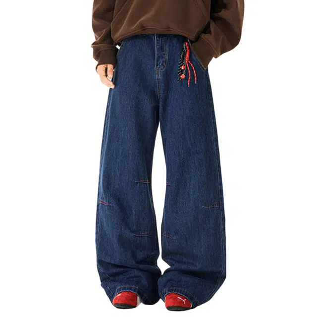 冈哉 美式复古褶皱拼接撞色口袋弯刀设计高街潮流宽松休闲舒适直筒百搭长裤牛仔裤 男女同款