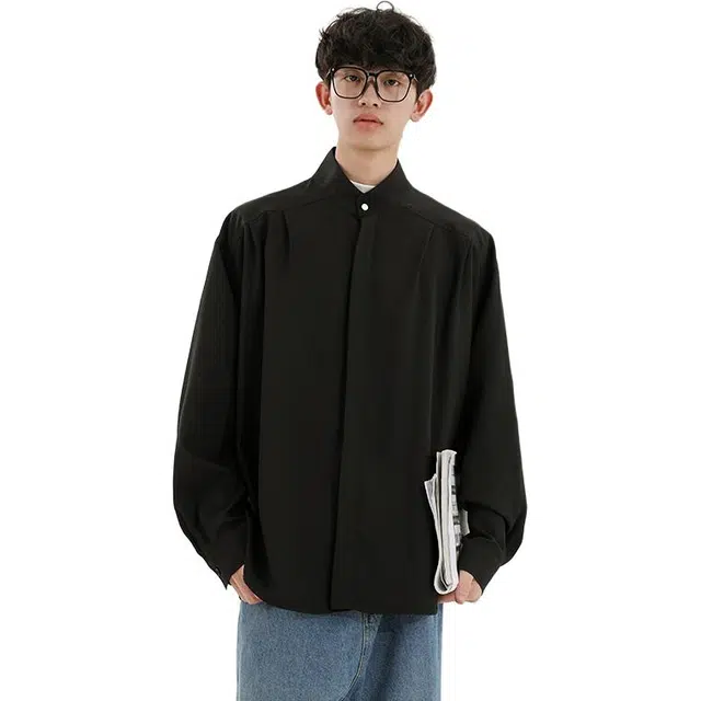 冈哉 美式复古基础款长袖简约纯色立领亨利领叠穿潮搭垂感痞帅宽松少年感舒适打底内搭外穿秋款衬衫  男女同款