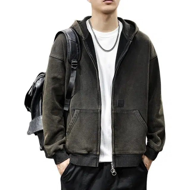 前进牛 秋冬连帽纯色开衫卫衣男韩系潮牌水洗重磅潮流宽松大码休闲运动外套卫衣 男女同款