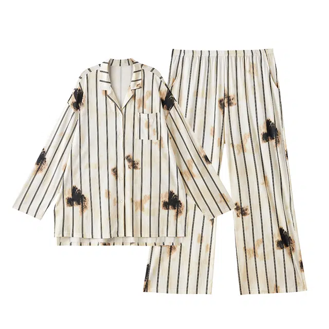 俏薇妮 春秋款纯棉带胸垫一体长袖长裤条纹家居服睡衣套装 女款
