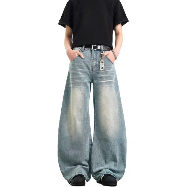 拓菲 高街美式弯刀情侣痞帅复古水洗做旧宽松阔腿牛仔裤 男女同款