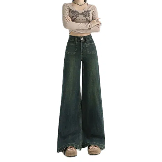 玫丝朵 美式复古辣妹风百搭舒双扣高腰宽松显瘦阔腿拖地牛仔裤 女款