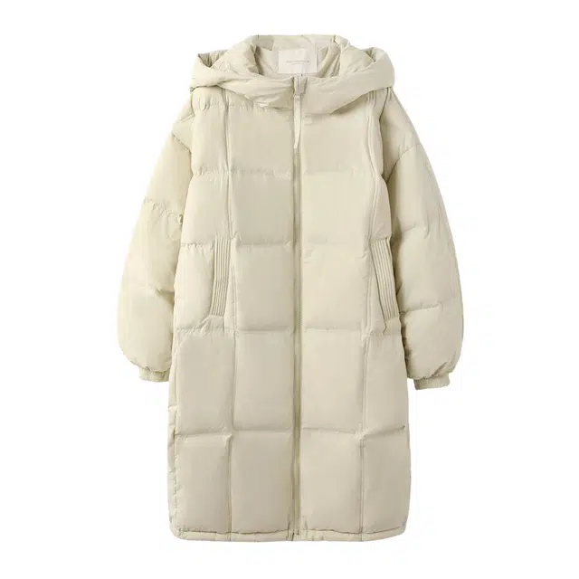 花栗鼠小姐 蛋壳纯色新国标五防长款连帽羽绒服 女款