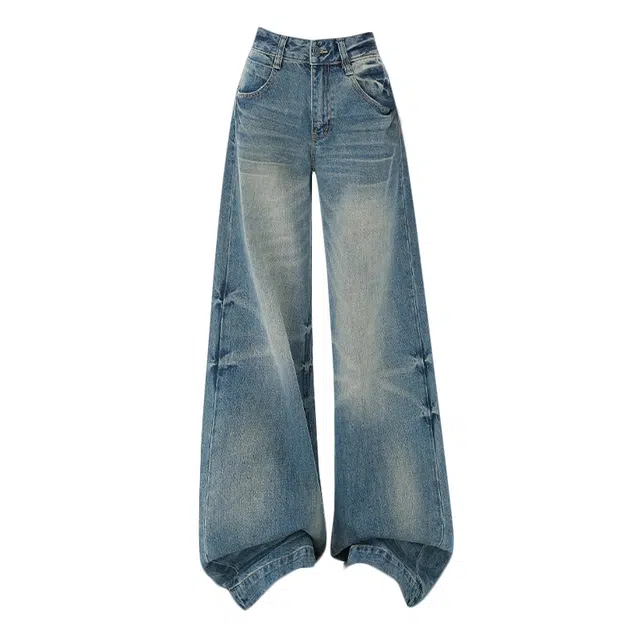 拾籍 简约复古蓝辣妹宽松舒适高腰显瘦阔腿拖地牛仔裤 女款