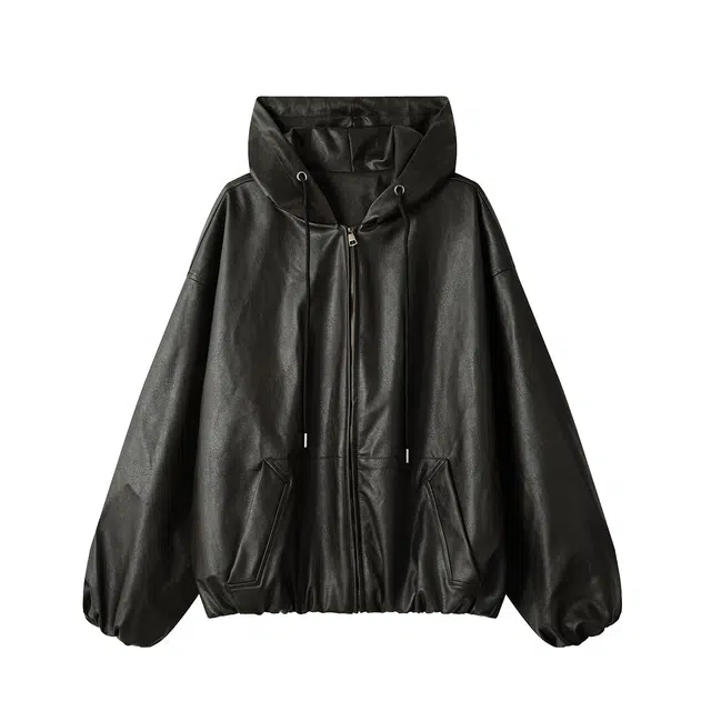 哲源 美式复古高街风连帽皮衣纯色简约设计感飞行员外套潮牌百搭宽松舒适防风防水潮流痞帅休闲夹克 男女同款