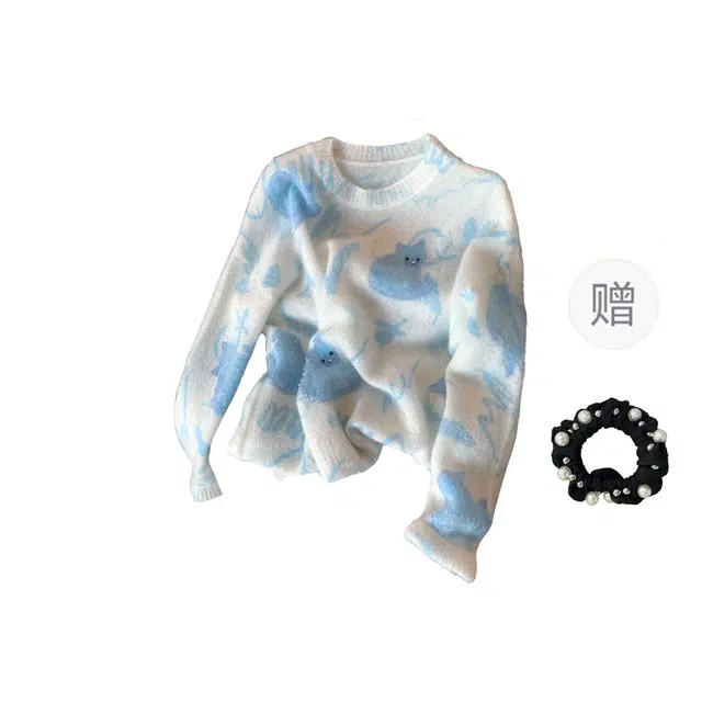 雾闪闪 设计感猫咪印花钉珠软糯套头女慵马海毛针织衫 女款