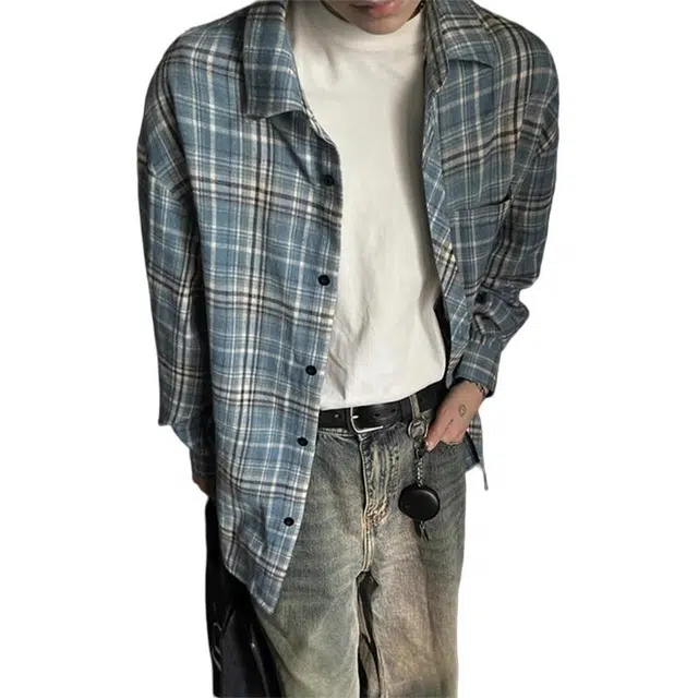 徐百货 复古格子长袖春秋季青少年潮流防晒衬衣潮牌宽松休闲翻领外套衬衫 男女同款