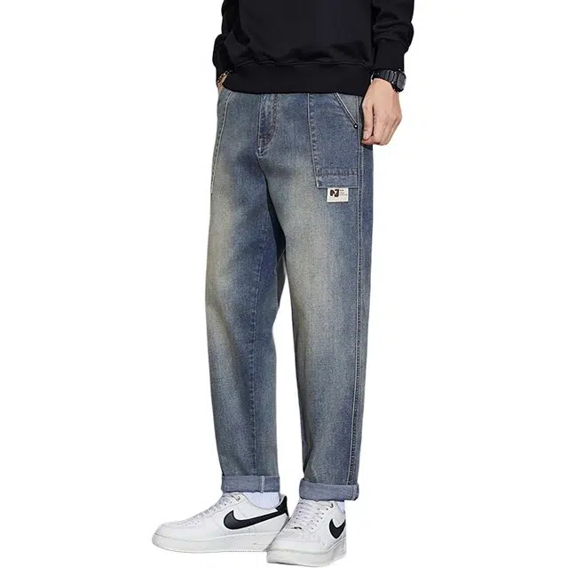 么宁 美式复古水洗拼接宽松直筒裤潮流时尚弹力舒适透气锥形裤耐穿耐磨个性痞帅休闲牛仔裤 男女同款