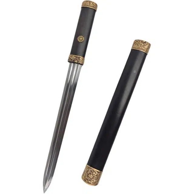 天字号 牡丹短剑 黑檀木鞘手柄黄铜装饰百炼花纹钢瓦面刃刀剑 其他静态模型