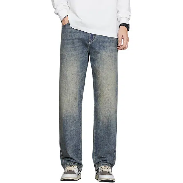 么宁 美式复古水洗宽松直筒裤潮流时尚字母刺绣弹力舒适透气耐穿耐磨个性痞帅休闲牛仔裤 男女同款