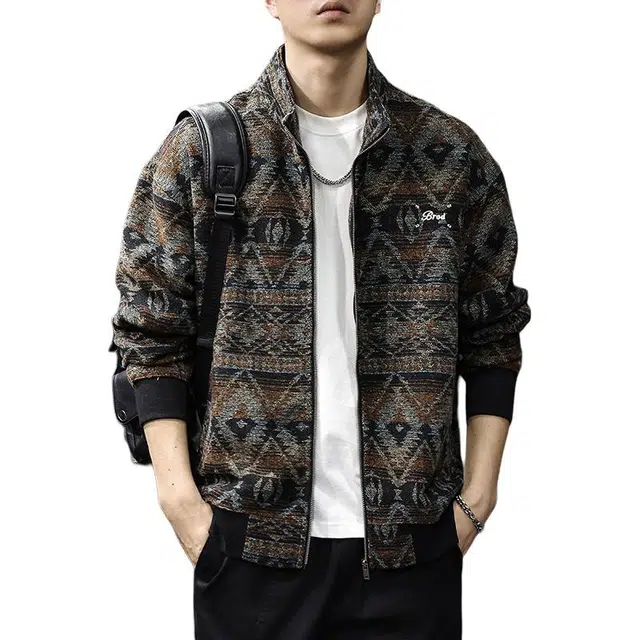 前进牛 轻奢高级感美式休闲复古民族风立领开衫宽松潮流重磅老钱风提花羊毛休闲外套秋季针织衫 男女同款