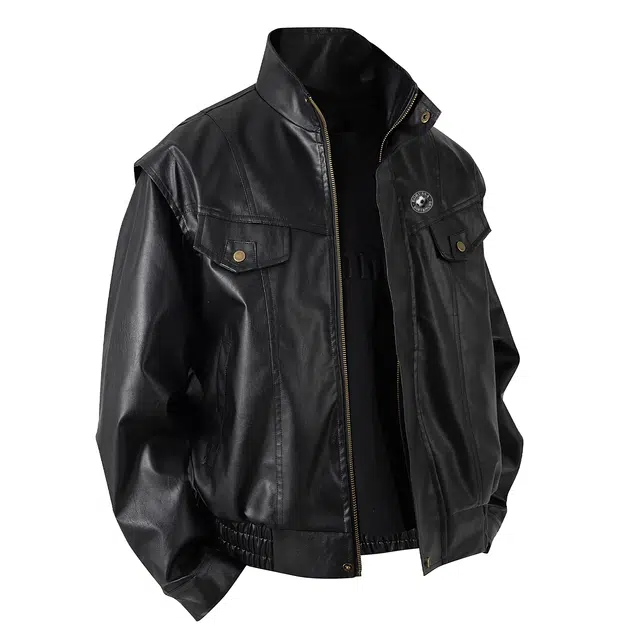 普鲁士多特蒙德 美式高街潮牌复古纯色拼接高级感飞行员机车风设计柔软宽松舒适休闲立领皮夹克 男女同款