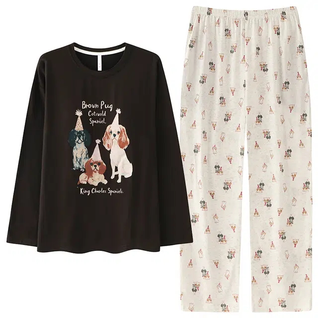 莫代尔 春秋季韩版显瘦圆领套头舒适长袖长裤带胸垫防凸点家居服睡衣套装 女款