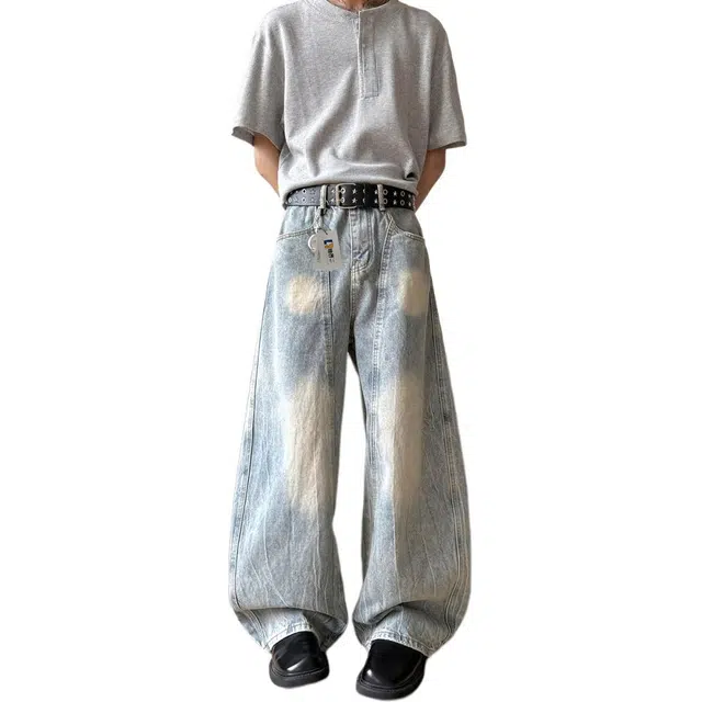 地界二 美式复古水洗解构设计渐变弯刀男宽松阔腿做旧香蕉镰刀裤水洗解构设计渐变宽松潮流中低腰长裤牛仔裤 男款