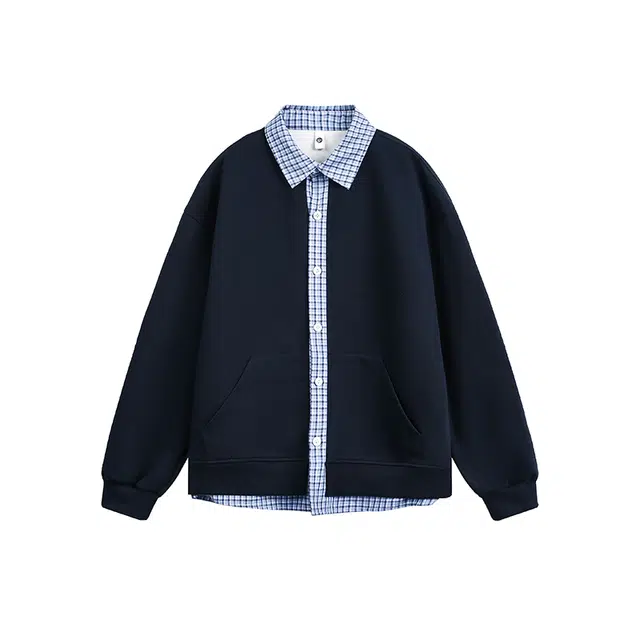 艾梵斯贝 美式复古潮流格子假两件开衫简约设计款无性别日常通勤百搭宽松休闲时尚文艺风学院个性穿搭长衬衫 男女同款