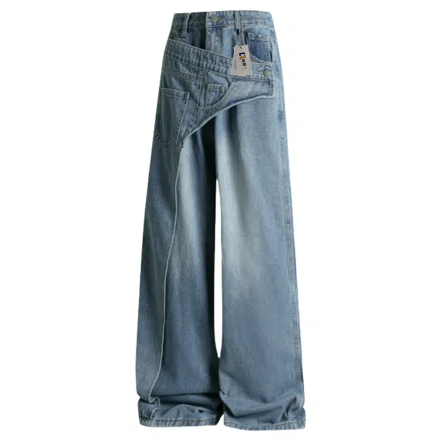 地界二 美式复古错位解构设计感宽松直筒阔腿裤拖地长裤潮牛仔裤 男款