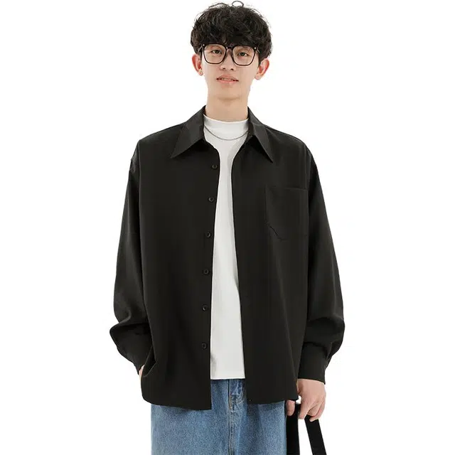 冈哉  美式复古基础款长袖简约纯色翻领叠穿潮搭垂感痞帅宽松少年感舒适打底内搭外穿秋款衬衫 男女同款