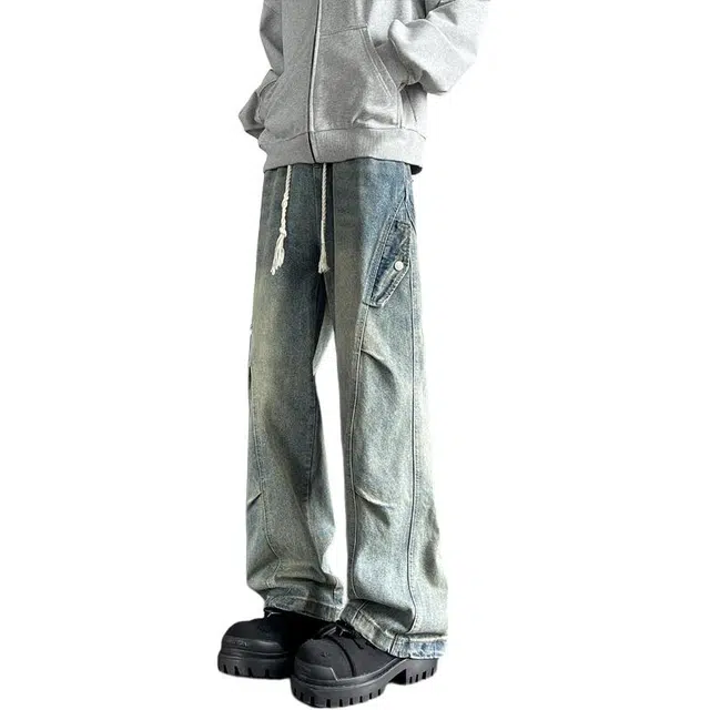 徐百货 美式高街百搭时尚褶皱水洗裤子潮流复古阔腿裤长裤休闲裤 男女同款