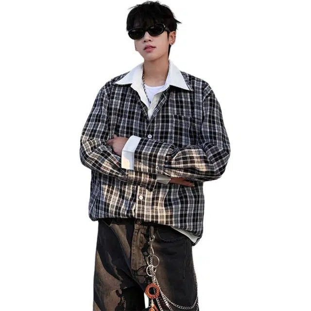 佐菲利 假两件美式格子设计感宽松百搭休闲情侣衬衣外套衬衫 男女同款