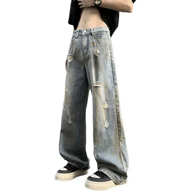 地界二 复古破洞直筒男薄款设计感小众百搭宽松阔腿长裤蓝色复古破洞潮流中腰长裤牛仔裤 男款