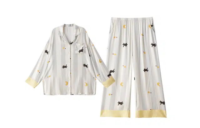 俏薇妮 春秋款冰丝带胸垫一体条纹猫咪长袖长裤家居服套装睡衣礼盒 女款