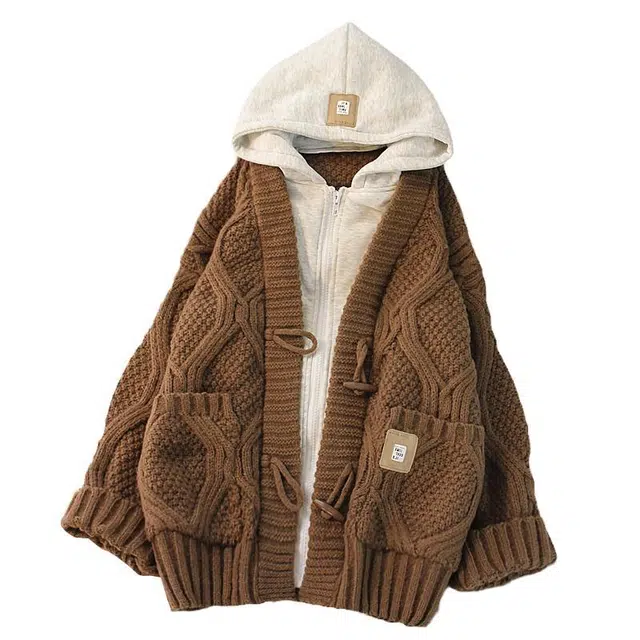 桴生 连帽外套加厚宽松麻花女假两件秋冬开衫中长款慵懒风针织衫 女款