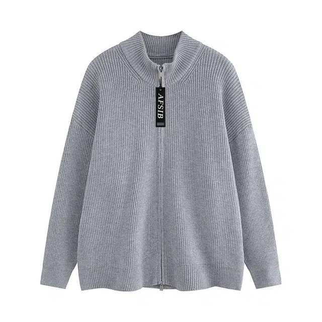 艾梵斯贝 美式复古潮酷简约纯色针织开衫无性别高级感日常通勤百搭老钱风休闲商务气质立领双拉链毛衣 男女同款