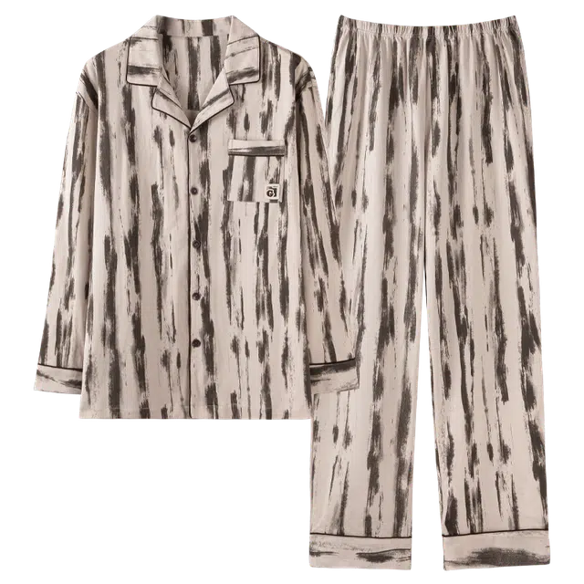 俏霓桐 春秋款时尚个性水墨条纹复古气质风休闲简约纯棉亲肤长袖长裤家居服可外穿睡衣套装 男款