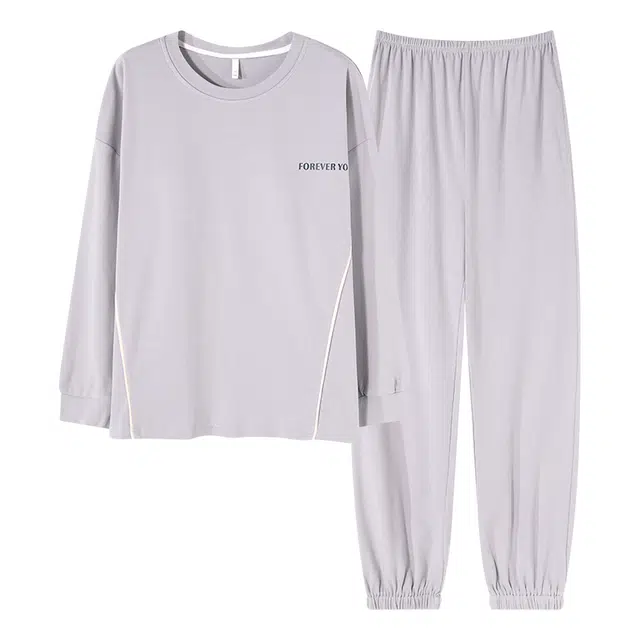 俏霓桐 春秋款简约时尚纯色高级感气质百搭舒适纯棉亲肤带胸垫长袖长裤家居服可外穿睡衣套装 女款