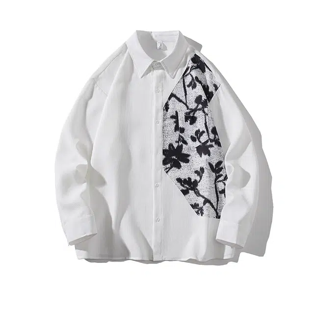 艾梵斯贝 美式复古潮流中古花卉印花拼接小众设计感无性别潮酷高级感日常通勤百搭宽松休闲商务长袖衬衫 男女同款